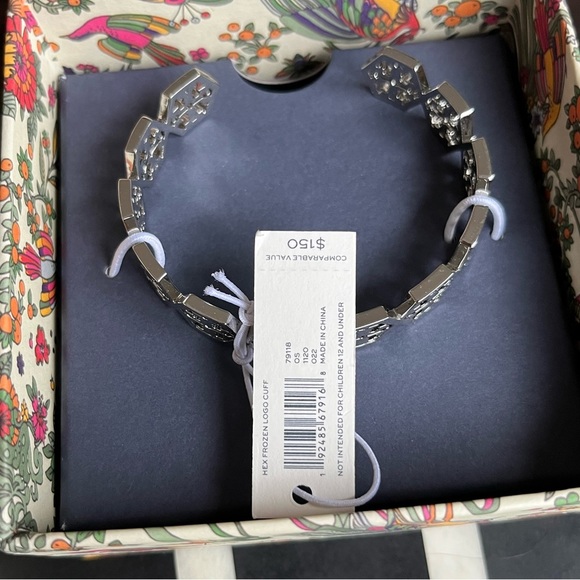 Tory Burch Silver Hexagon Frozen Logo Cuff Bracelet - Picture 4 of 5